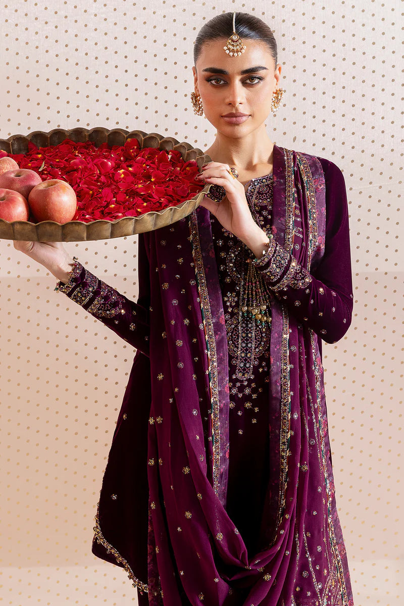 Jazmin CVF-D-05 Plum Velvet Embroidered 3pc Suit for Eid Parties & Winter Soirées – Pakistanimoda