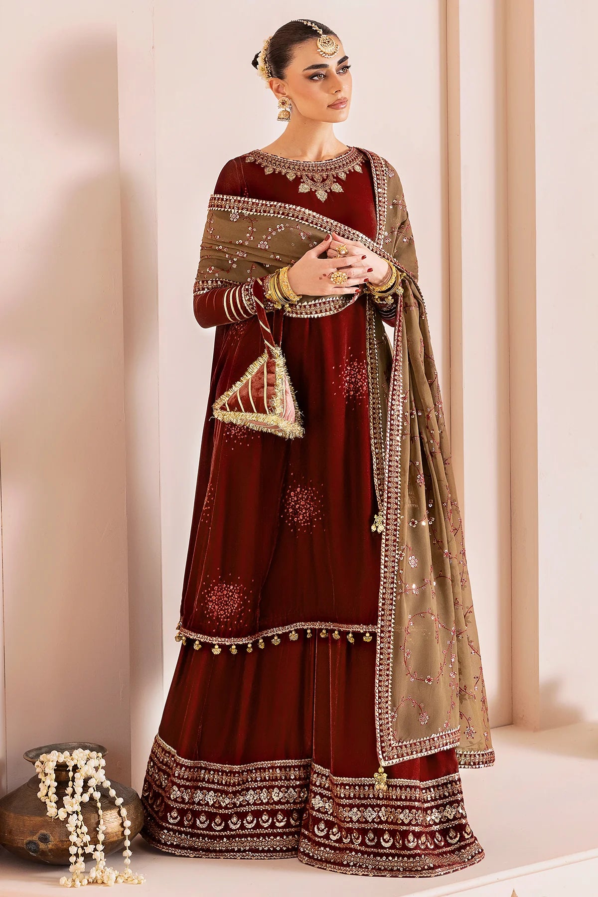 CVF-D-07 Jazmin Maroon Velvet Embroidered Formal Stitched Dress with Georgette Dupatta – Shop Online at Pakistanimoda.com