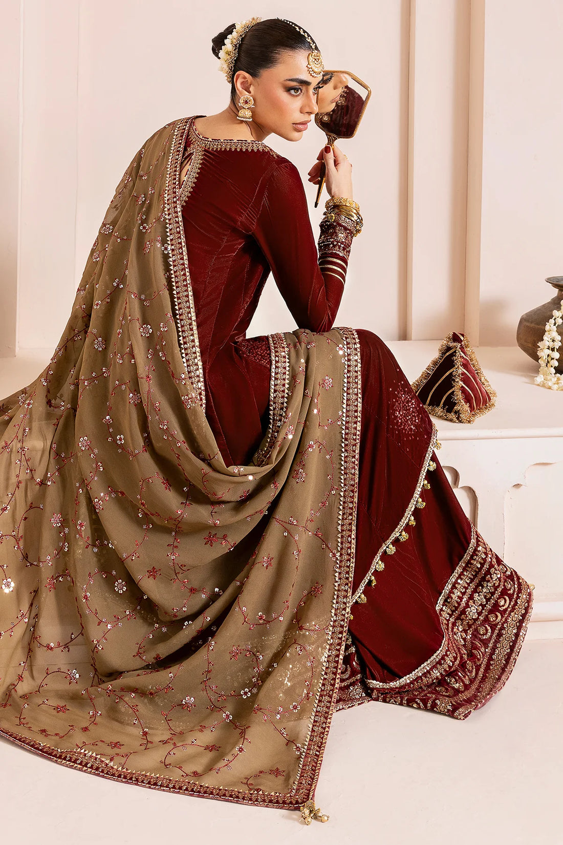 CVF-D-07 Jazmin Maroon Velvet Embroidered Formal Stitched Dress with Georgette Dupatta – Shop Online at Pakistanimoda.com