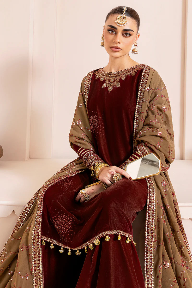 CVF-D-07 Jazmin Maroon Velvet Embroidered Formal Stitched Dress with Georgette Dupatta – Shop Online at Pakistanimoda.com