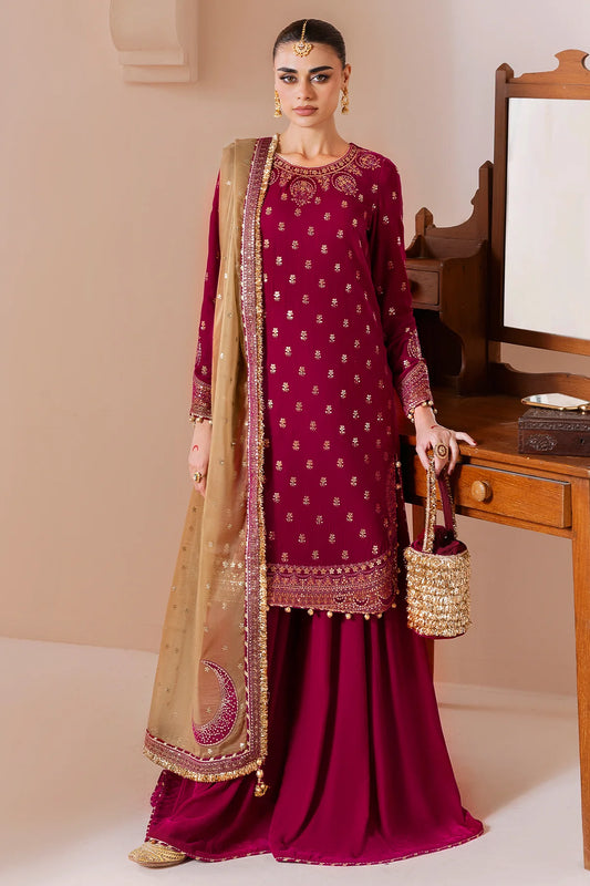 CVF-D-11 Jazmin Plum Embroidered Velvet Stitched Formal Dress with Organza Dupatta for Wedding & Party Events – Pakistanimoda