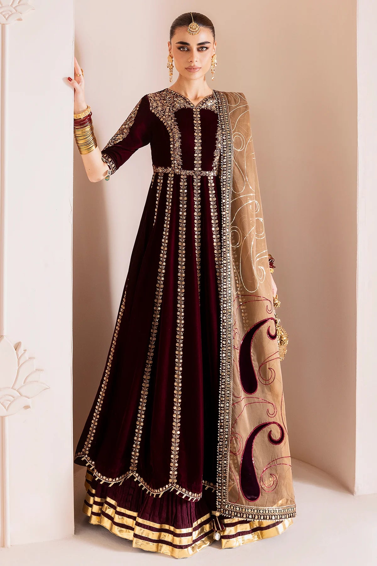 CVF-D-12 Jazmin Maroon Velvet Anarkali Dress with Golden Dupatta – Perfect Winter Formal Outfit – Pakistanimoda