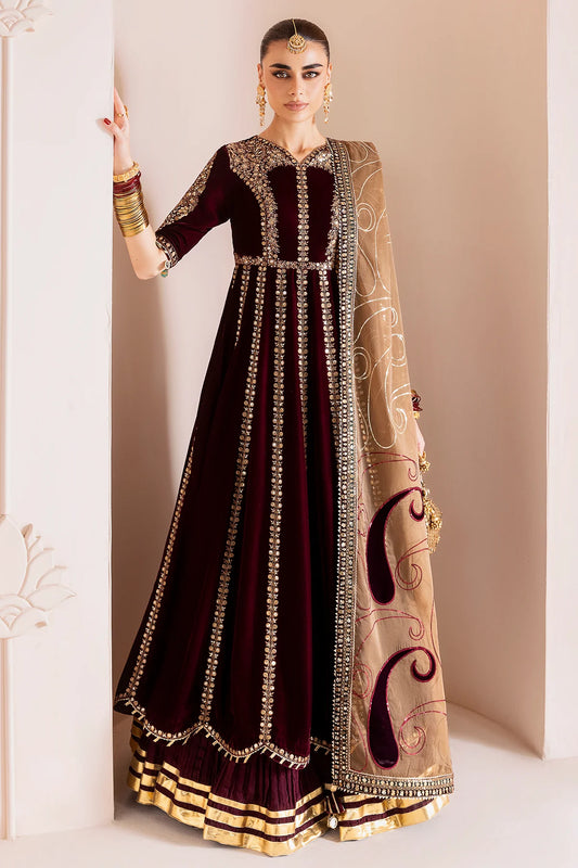 CVF-D-12 Jazmin Maroon Velvet Anarkali Dress with Golden Dupatta – Perfect Winter Formal Outfit – Pakistanimoda