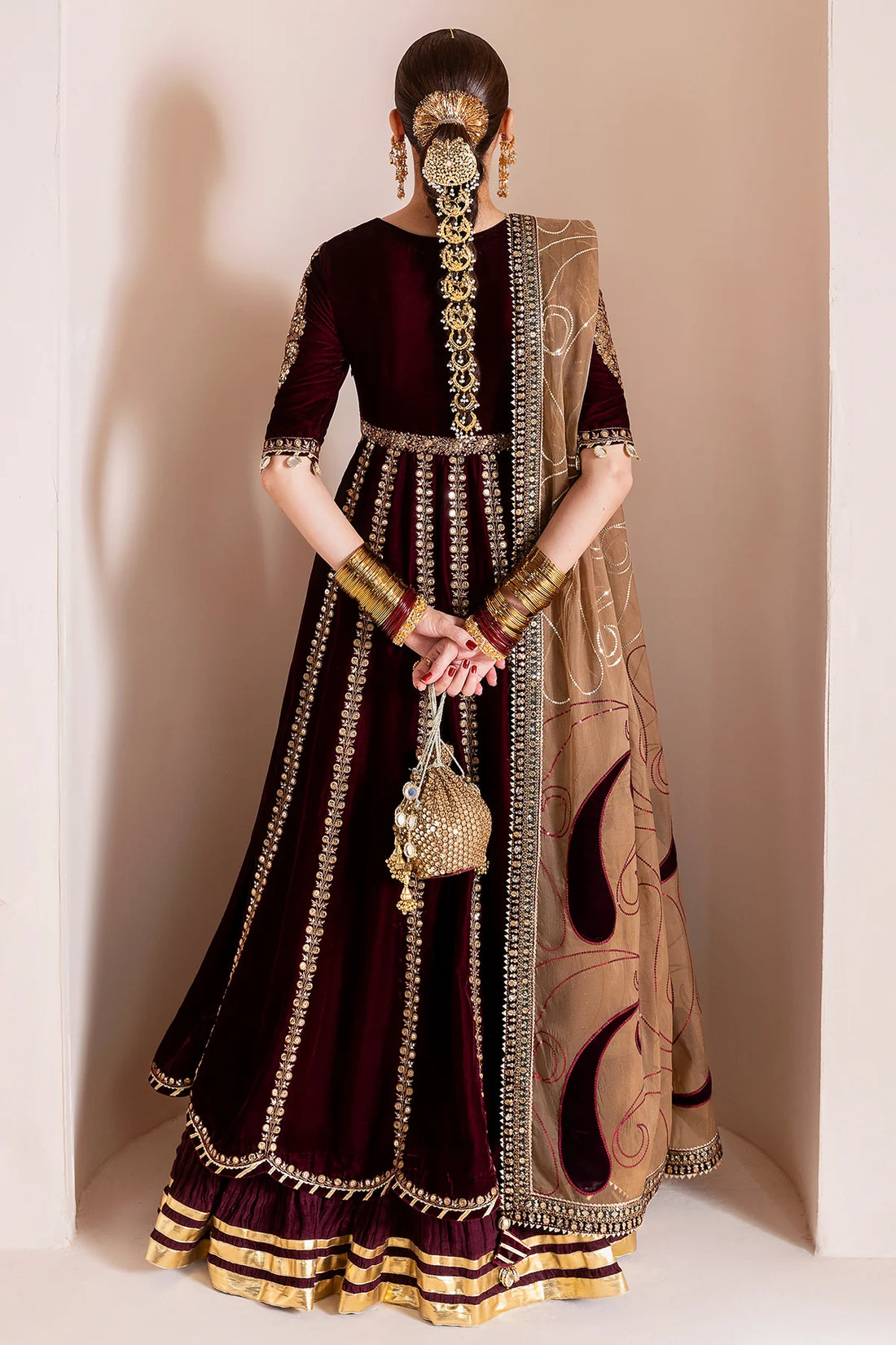 CVF-D-12 Jazmin Maroon Velvet Anarkali Dress with Golden Dupatta – Perfect Winter Formal Outfit – Pakistanimoda