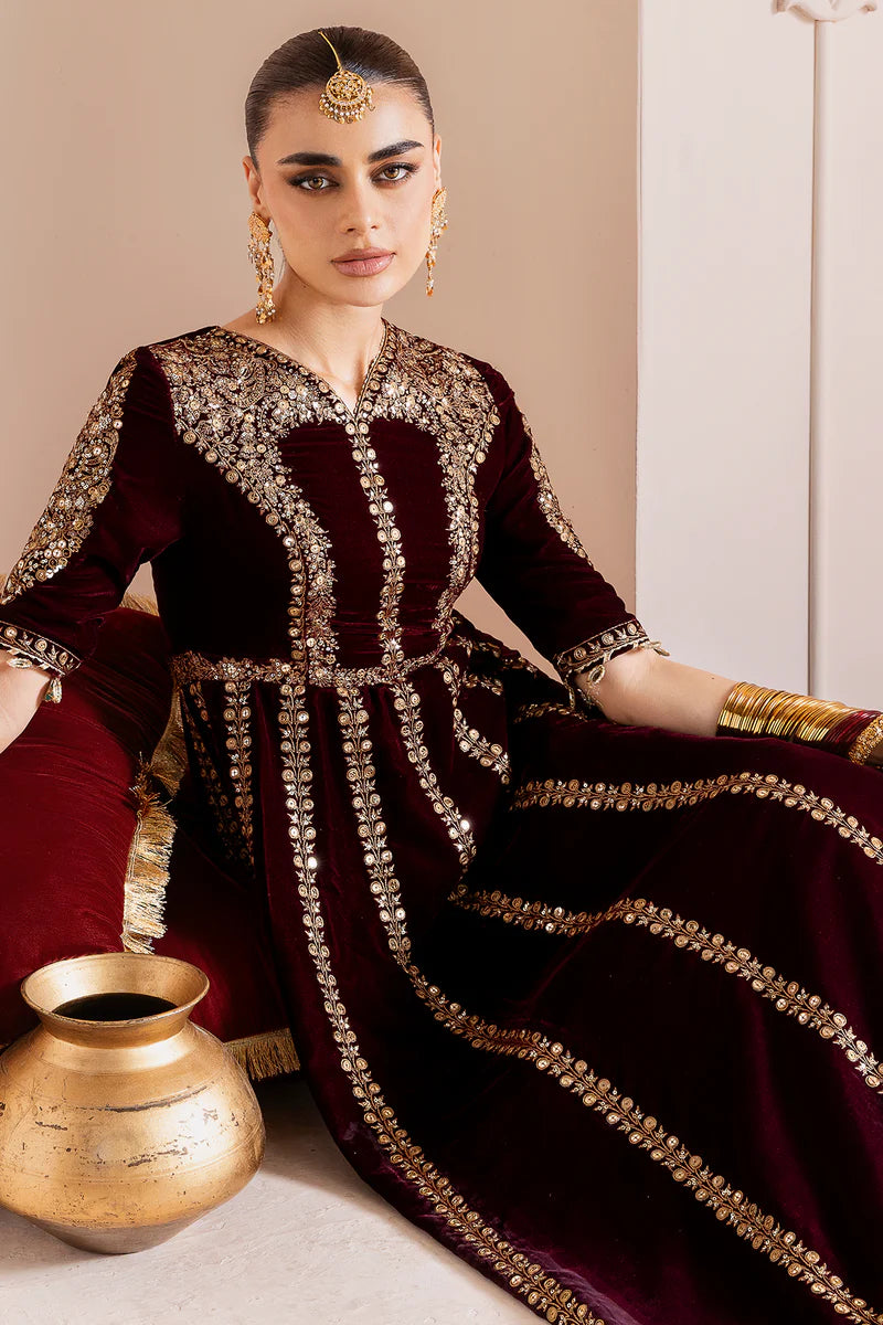 CVF-D-12 Jazmin Maroon Velvet Anarkali Dress with Golden Dupatta – Perfect Winter Formal Outfit – Pakistanimoda