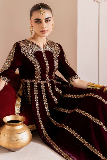 CVF-D-12 Jazmin Maroon Velvet Anarkali Dress with Golden Dupatta – Perfect Winter Formal Outfit – Pakistanimoda