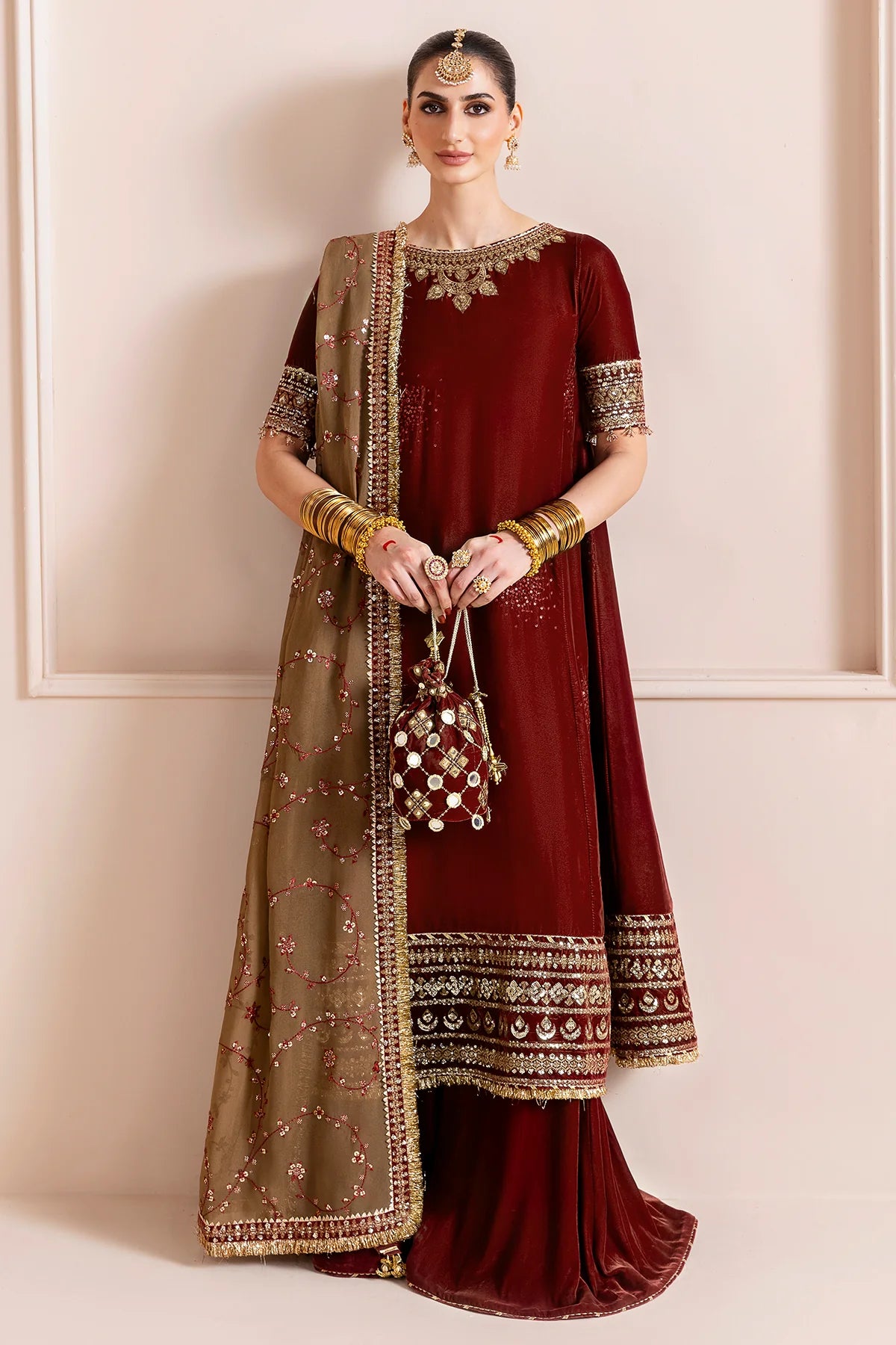 CVF-D-13 Jazmin Maroon Embroidered Velvet Formal Frock Stitched Dress with Georgette Dupatta for Party & Festive Events – Pakistanimoda