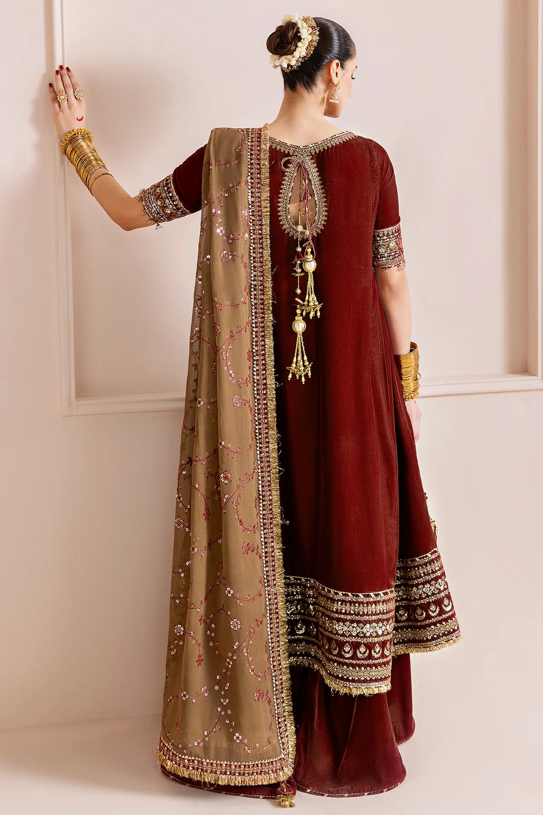 CVF-D-13 Jazmin Maroon Embroidered Velvet Formal Frock Stitched Dress with Georgette Dupatta for Party & Festive Events – Pakistanimoda
