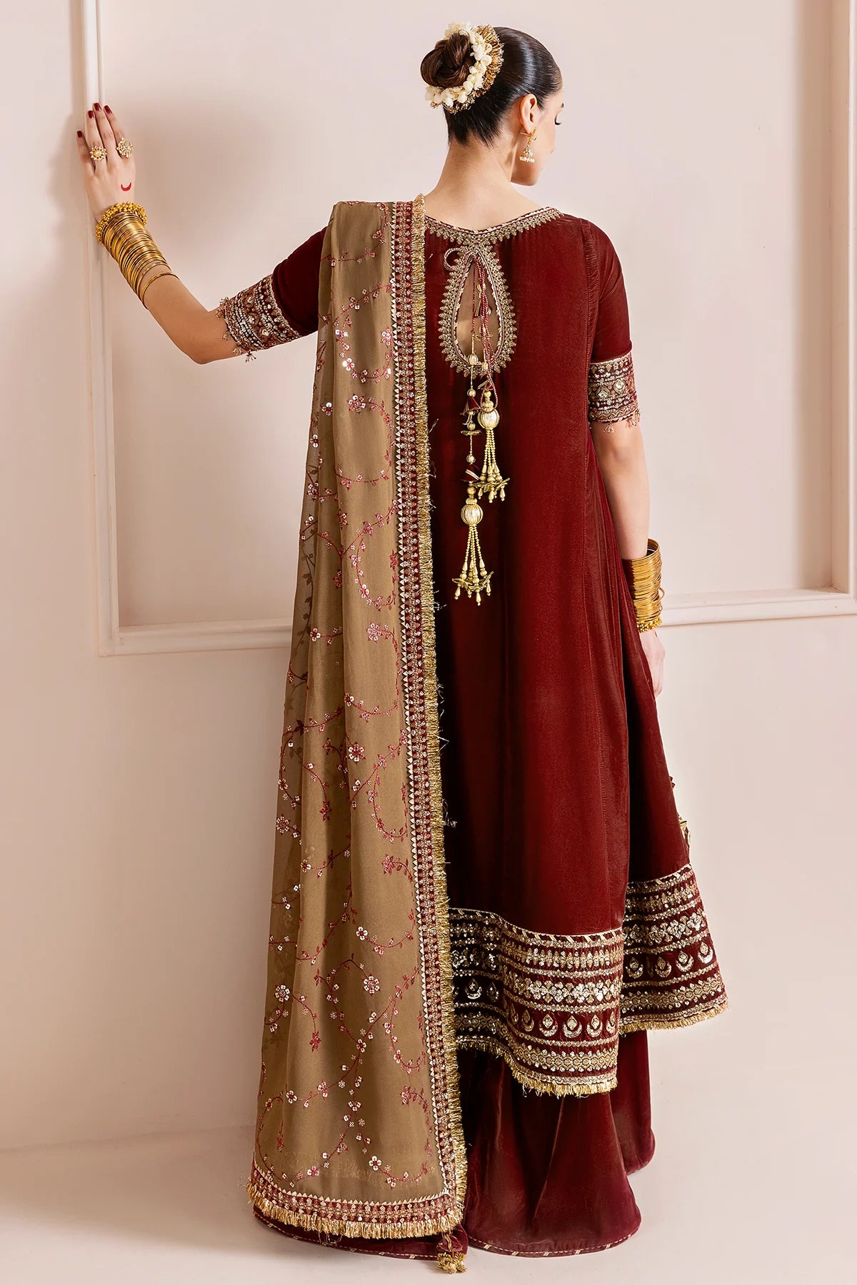 CVF-D-13 Jazmin Maroon Embroidered Velvet Formal Frock Stitched Dress with Georgette Dupatta for Party & Festive Events – Pakistanimoda