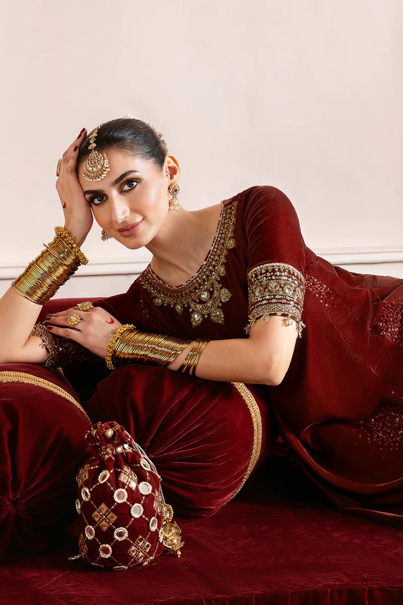 CVF-D-13 Jazmin Maroon Embroidered Velvet Formal Frock Stitched Dress with Georgette Dupatta for Party & Festive Events – Pakistanimoda