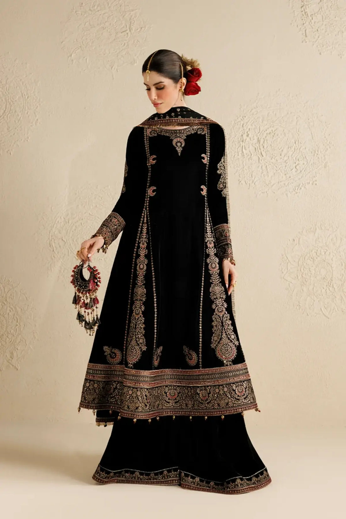 Jazmin CVF26-D01 black embroidered velvet stitched party wear suit with chiffon dupatta and embellished bag