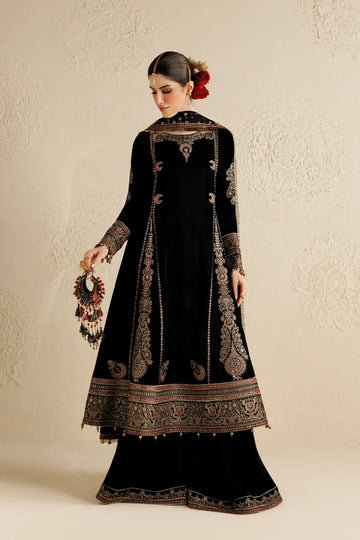 Jazmin CVF26-D01 black embroidered velvet stitched party wear suit with chiffon dupatta and embellished bag