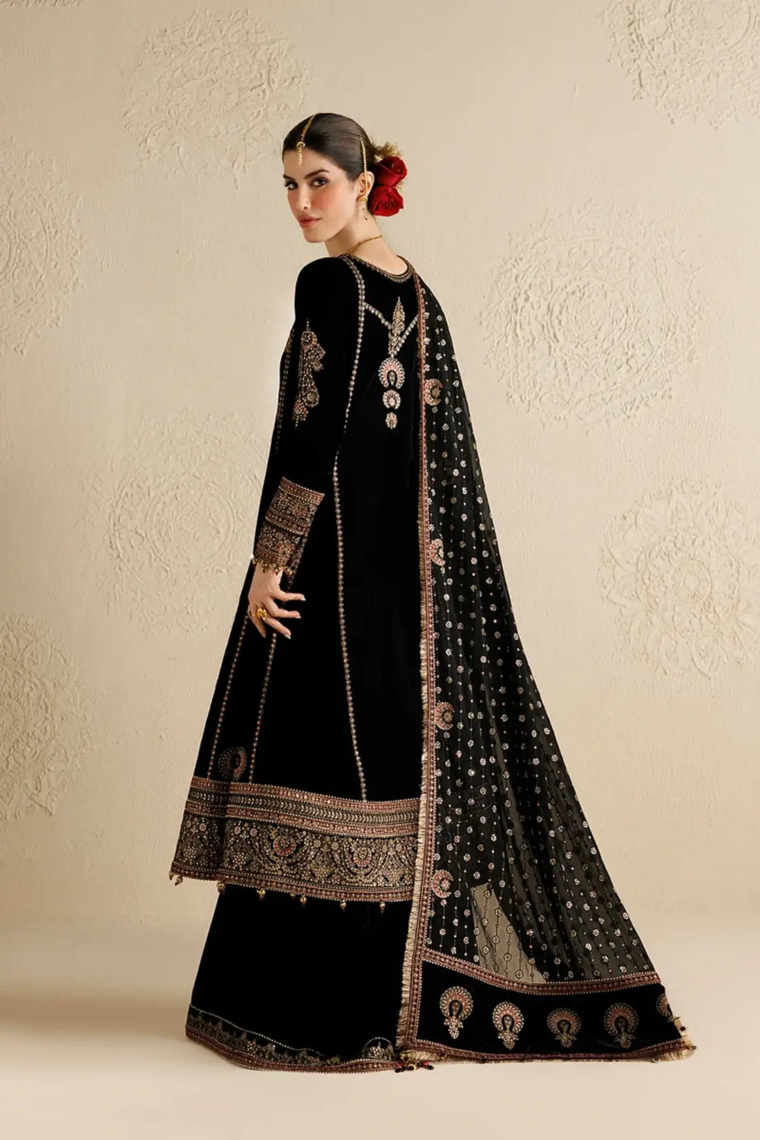 Jazmin CVF26-D01 black embroidered velvet stitched party wear suit with chiffon dupatta and embellished bag