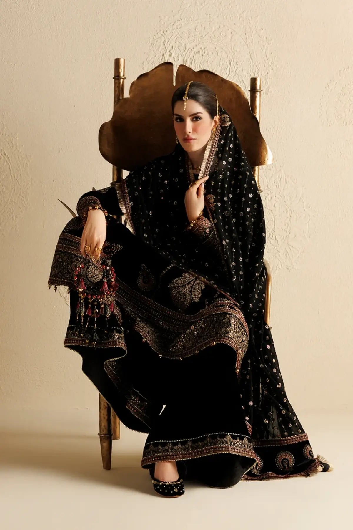 Jazmin CVF26-D01 black embroidered velvet stitched party wear suit with chiffon dupatta and embellished bag