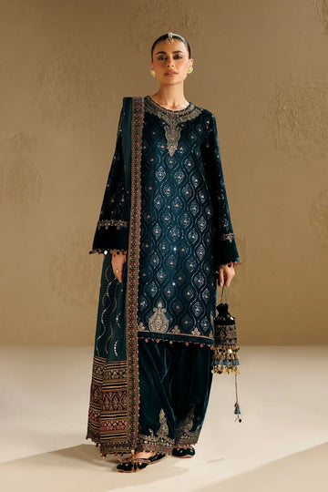 Jazmin CVF26-D02 deep teal embroidered velvet stitched formal suit with silk dupatta and embellished bag