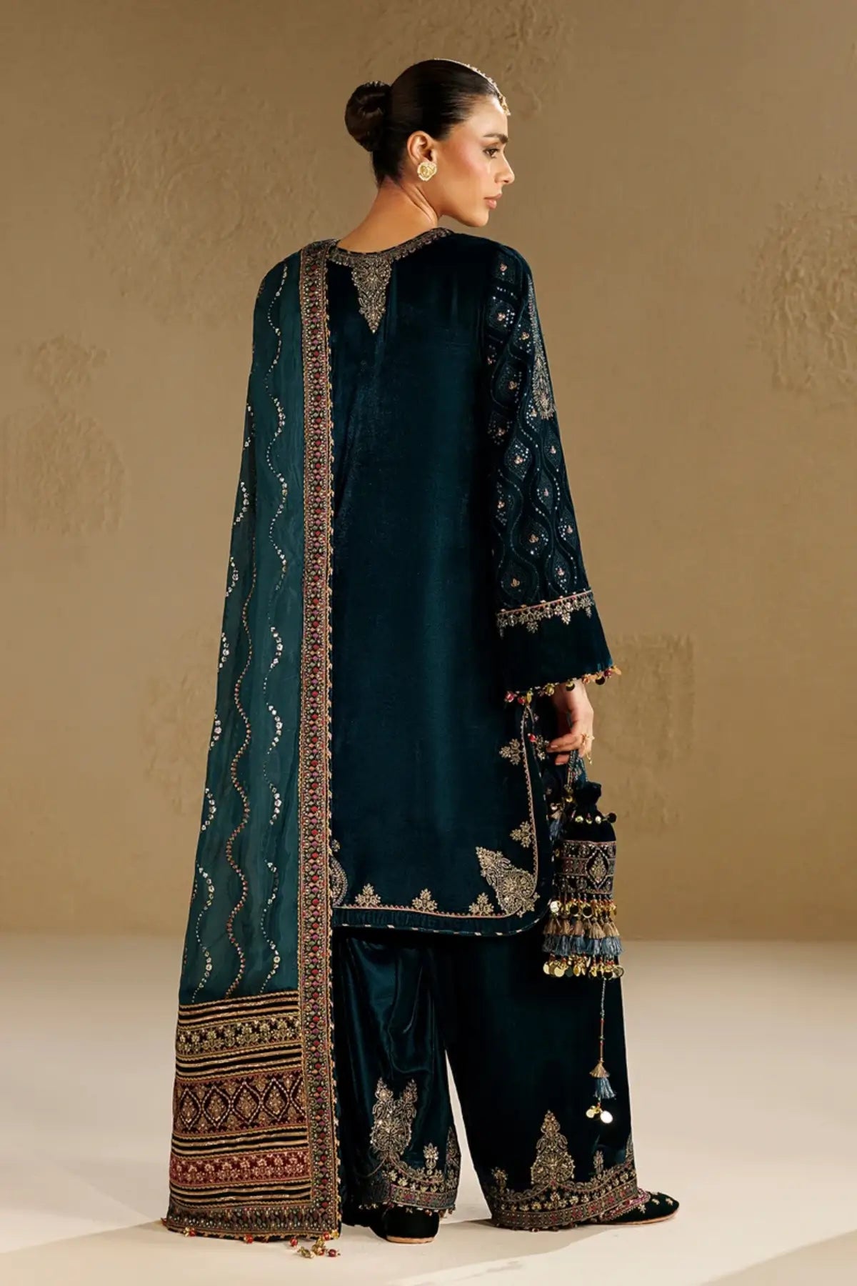 Jazmin CVF26-D02 deep teal embroidered velvet stitched formal suit with silk dupatta and embellished bag