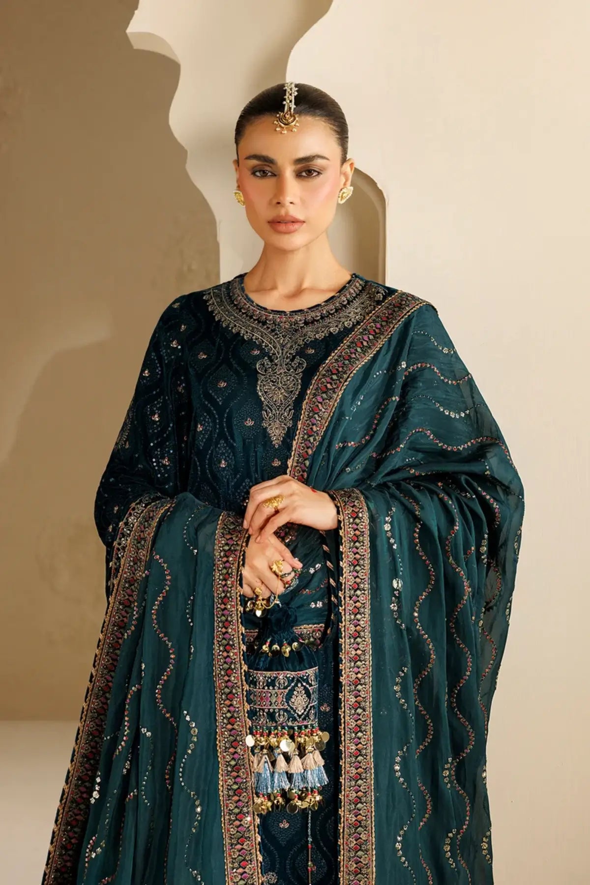 Jazmin CVF26-D02 deep teal embroidered velvet stitched formal suit with silk dupatta and embellished bag
