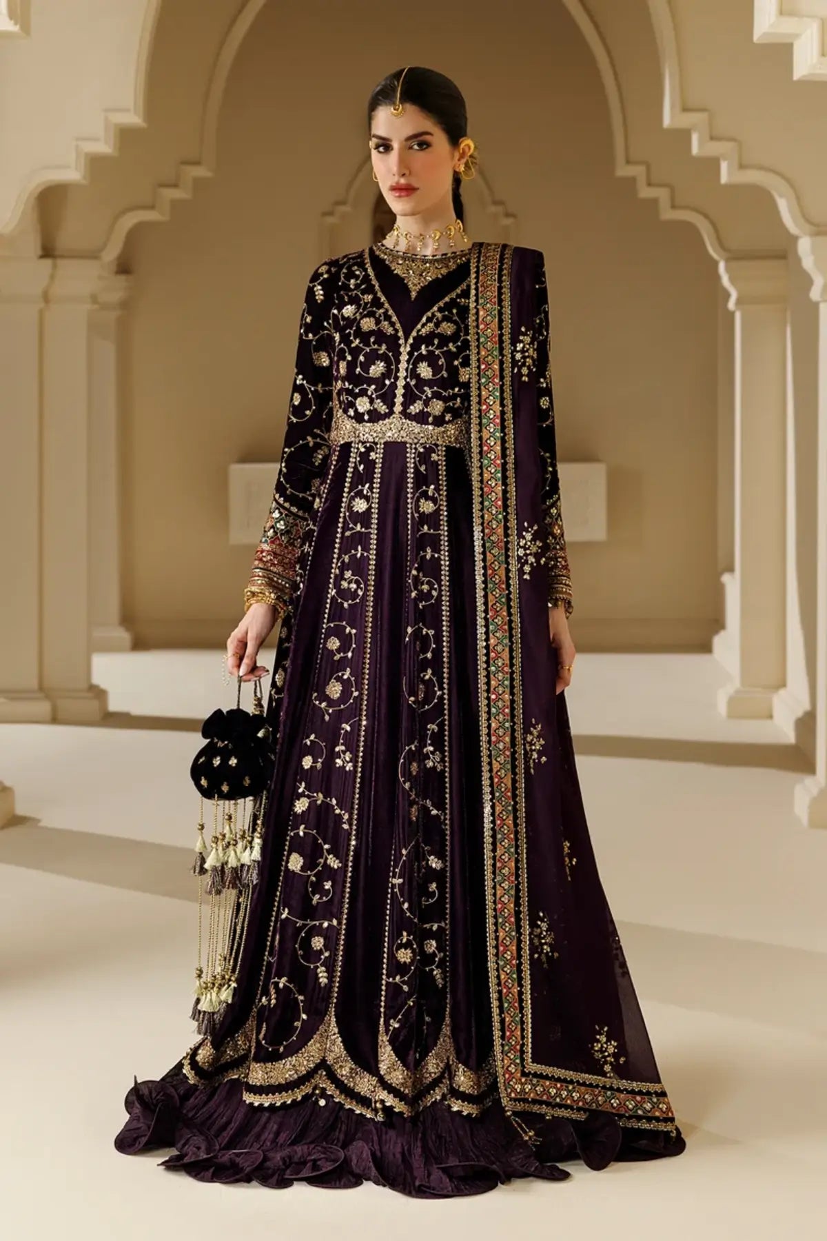Jazmin CVF26-D03 deep plum embroidered velvet stitched winter Peshwas with chiffon dupatta and embellished bag