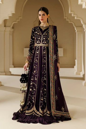 Jazmin CVF26-D03 deep plum embroidered velvet stitched winter Peshwas with chiffon dupatta and embellished bag