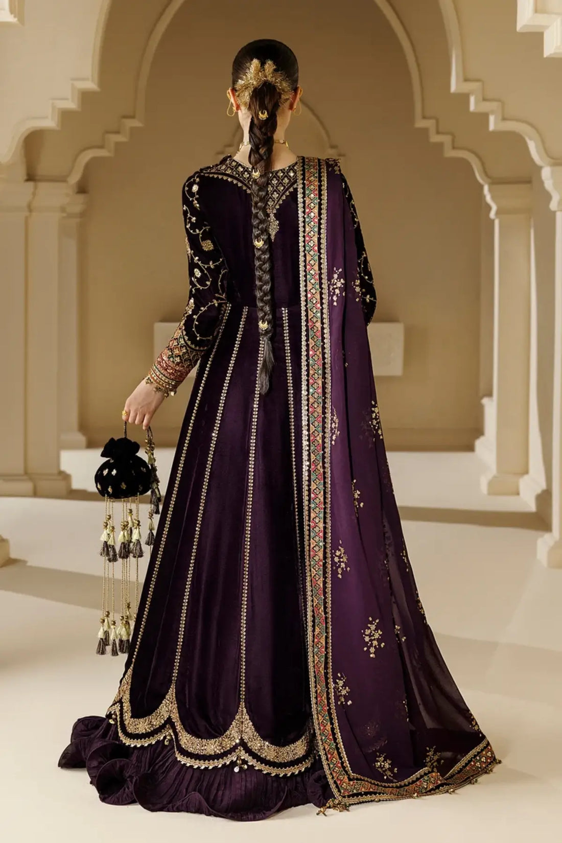 Jazmin CVF26-D03 deep plum embroidered velvet stitched winter Peshwas with chiffon dupatta and embellished bag