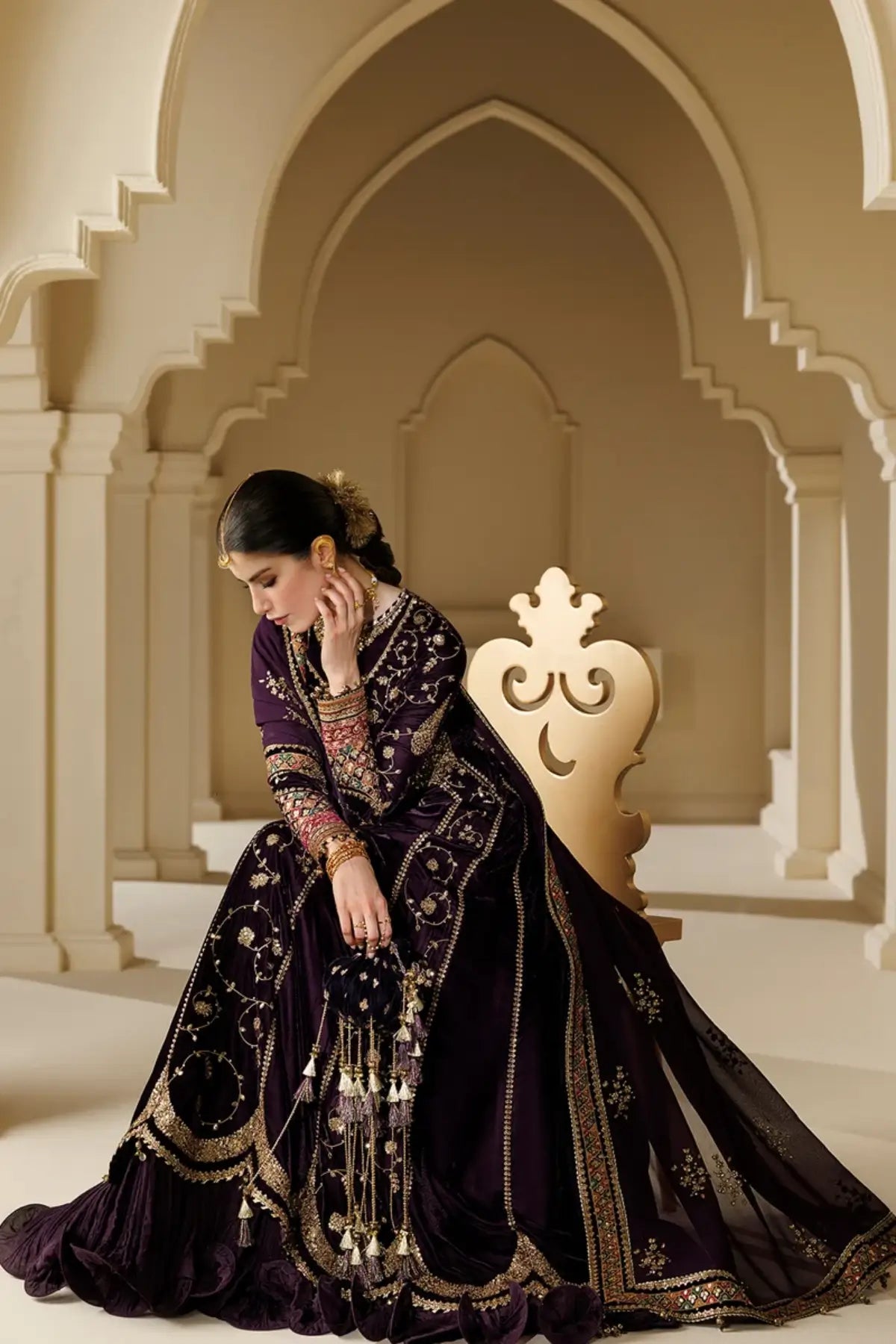 Jazmin CVF26-D03 deep plum embroidered velvet stitched winter Peshwas with chiffon dupatta and embellished bag
