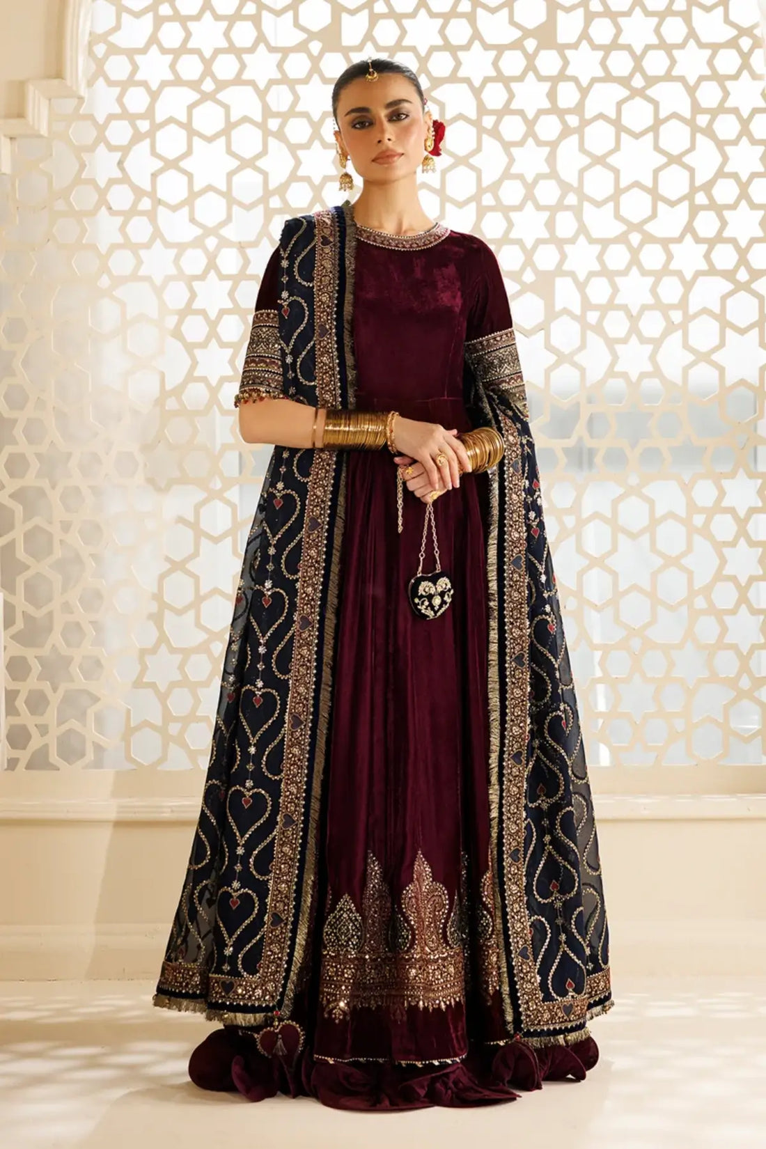 Jazmin CVF26-D04 burgundy embroidered velvet stitched festive Peshwas with chiffon dupatta and matching clutch