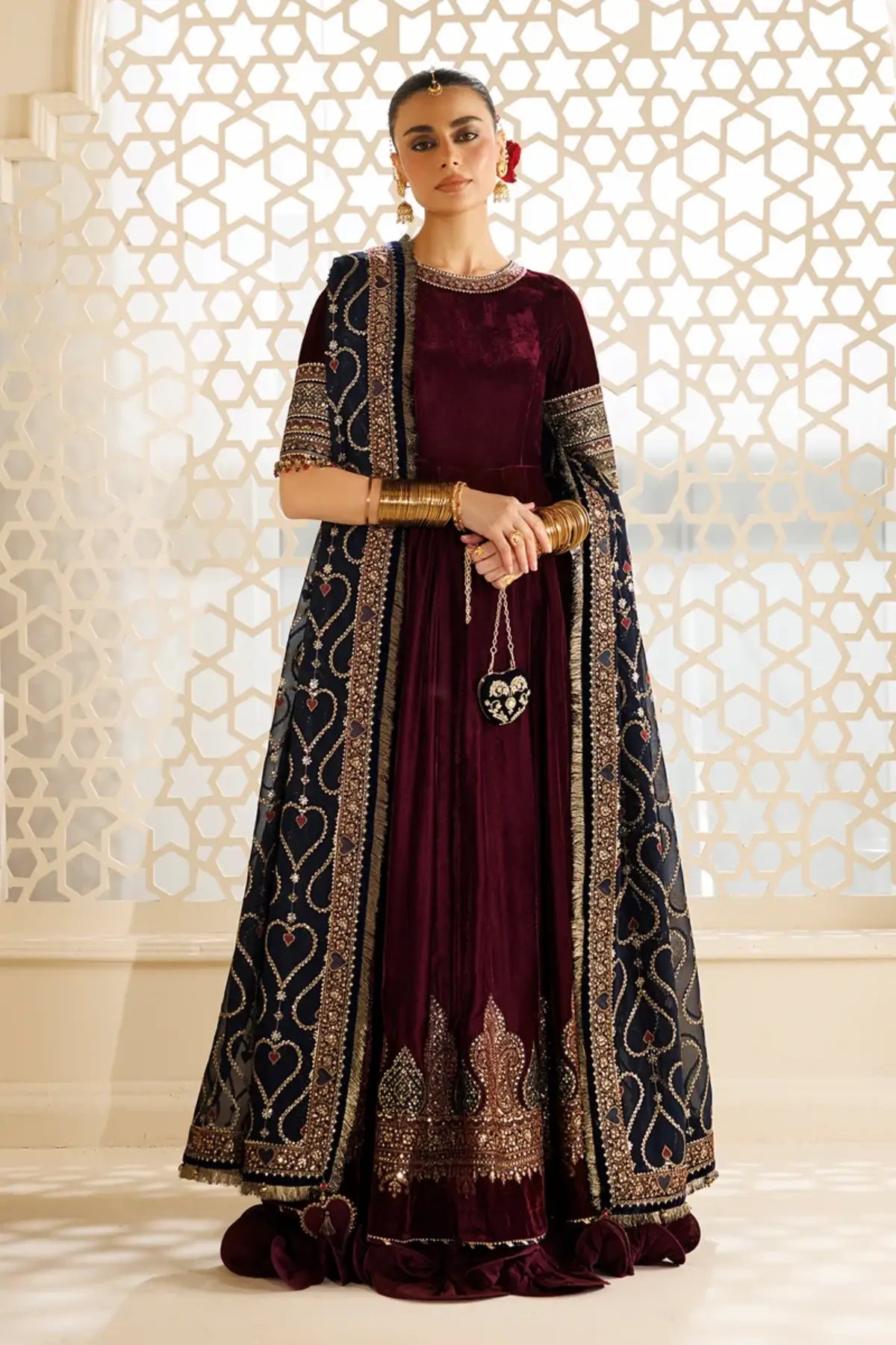 Jazmin CVF26-D04 burgundy embroidered velvet stitched festive Peshwas with chiffon dupatta and matching clutch