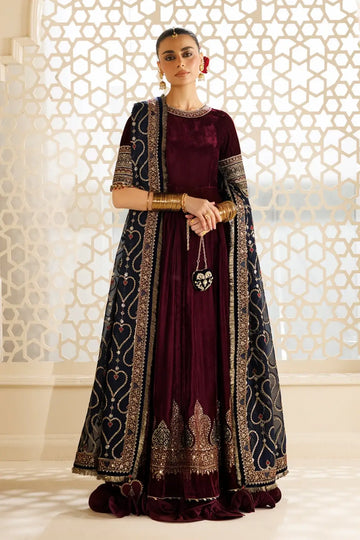 Jazmin CVF26-D04 burgundy embroidered velvet stitched festive Peshwas with chiffon dupatta and matching clutch
