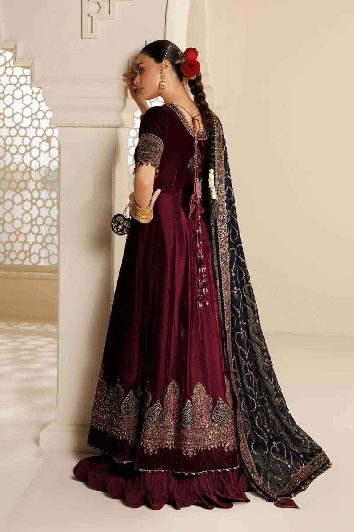 Jazmin CVF26-D04 burgundy embroidered velvet stitched festive Peshwas with chiffon dupatta and matching clutch