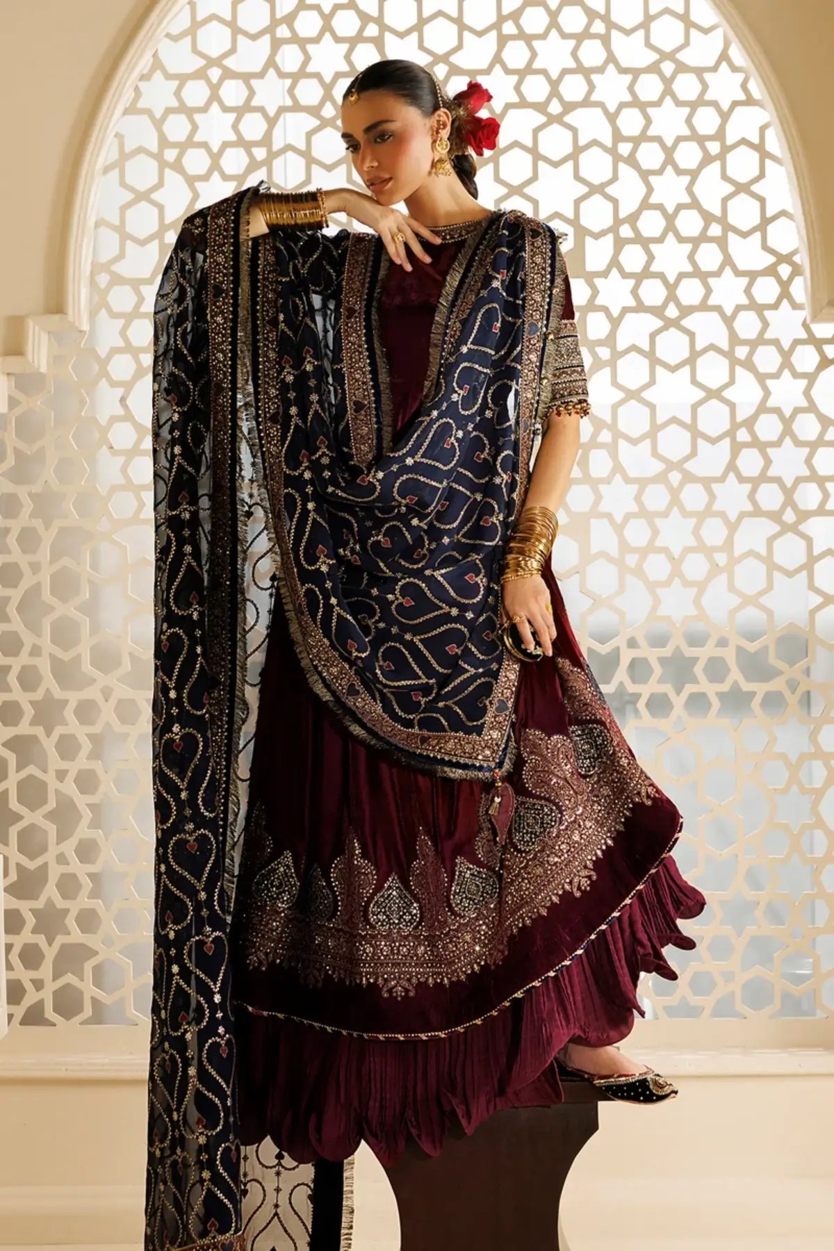 Jazmin CVF26-D04 burgundy embroidered velvet stitched festive Peshwas with chiffon dupatta and matching clutch