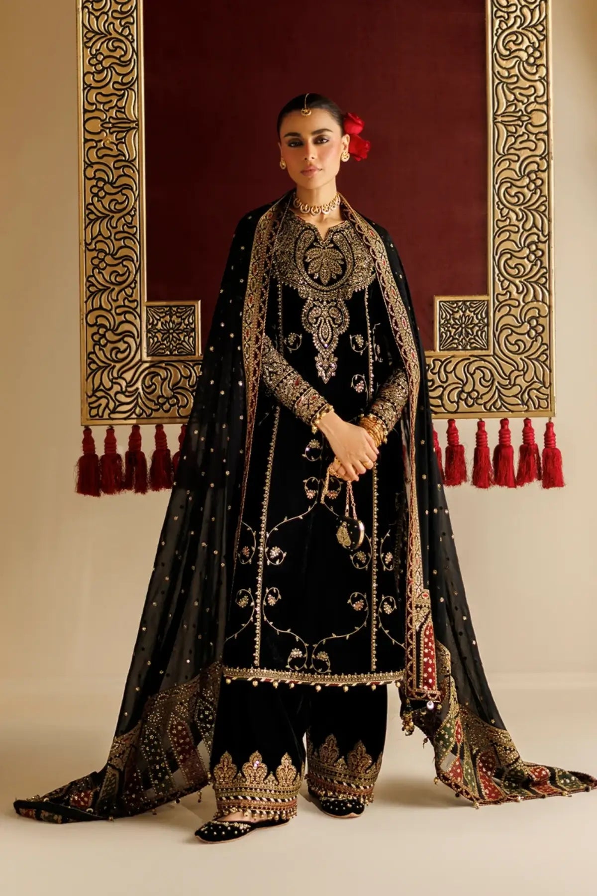 Jazmin CVF26-D05 black velvet stitched formal suit with embroidered chiffon dupatta
