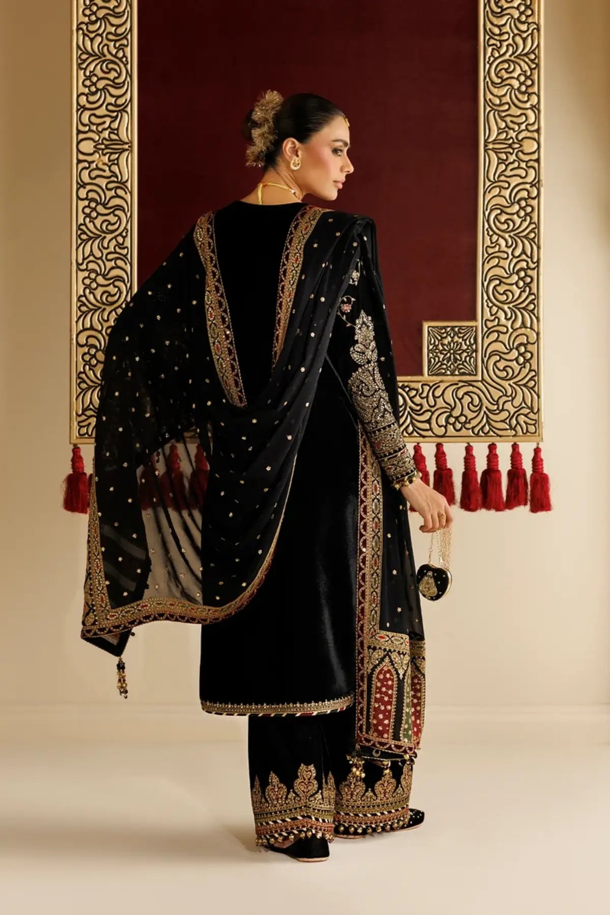 Jazmin CVF26-D05 black velvet stitched formal suit with embroidered chiffon dupatta