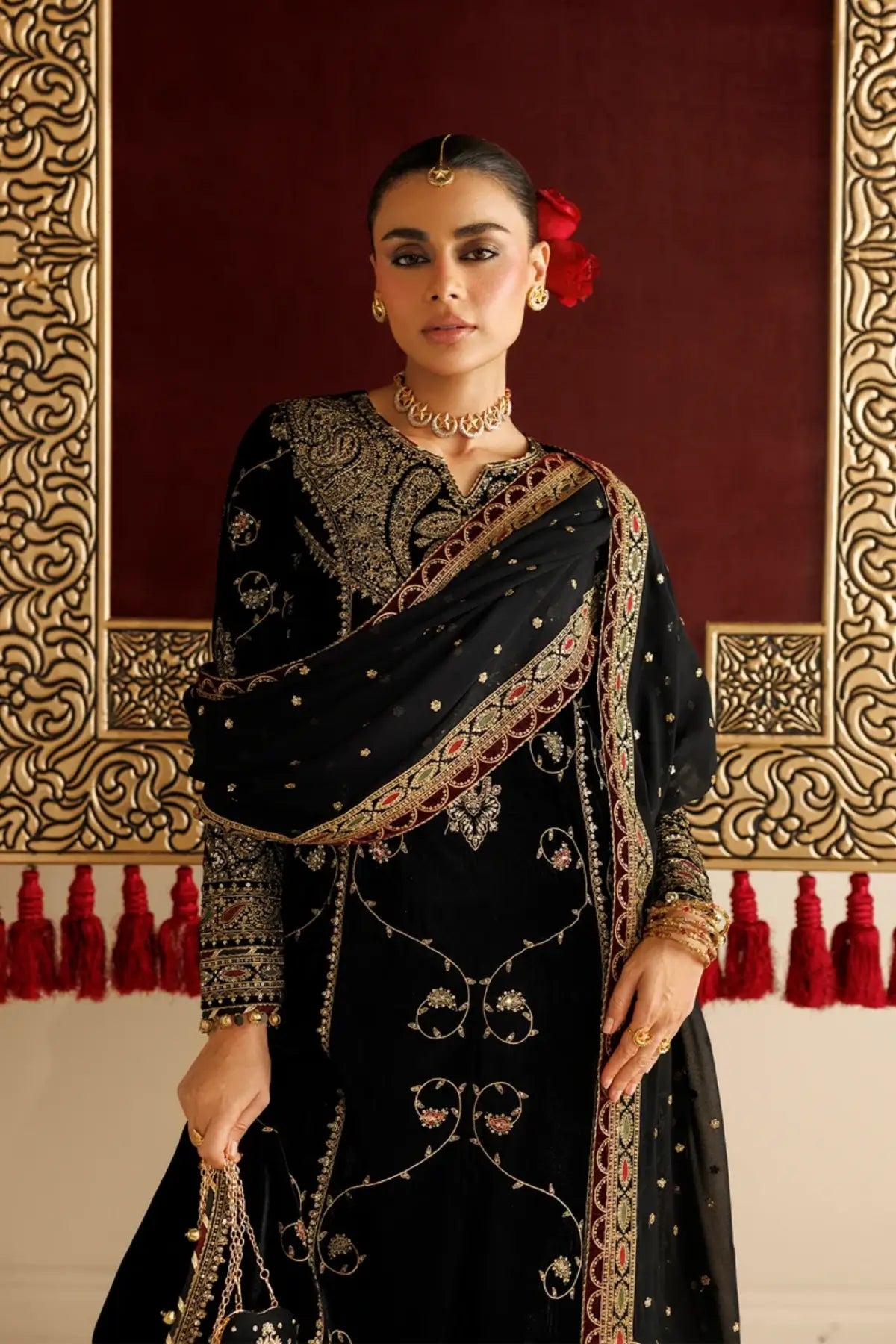 Jazmin CVF26-D05 black velvet stitched formal suit with embroidered chiffon dupatta