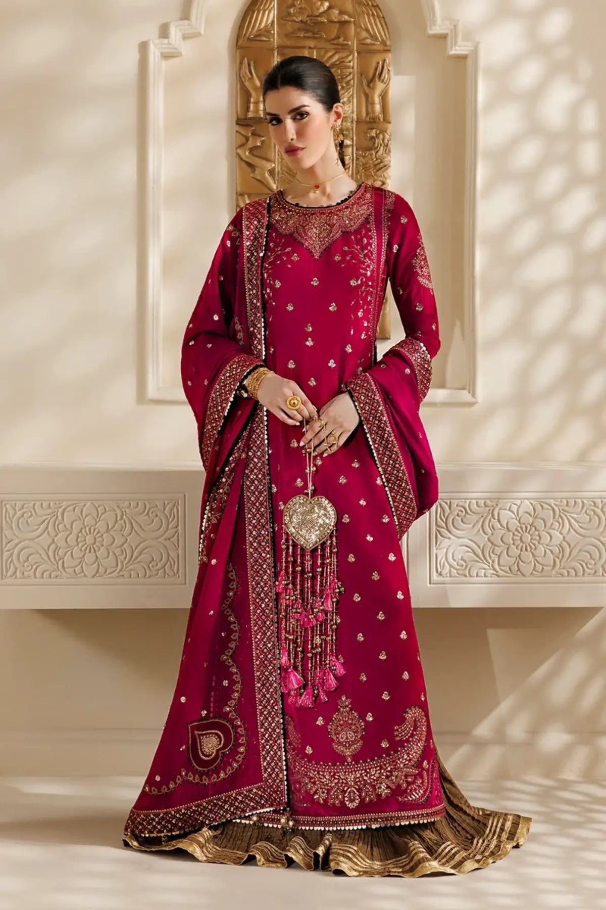 Jazmin CVF26-D06 magenta velvet stitched formal suit with crushed bottom, chiffon dupatta and embellished bag