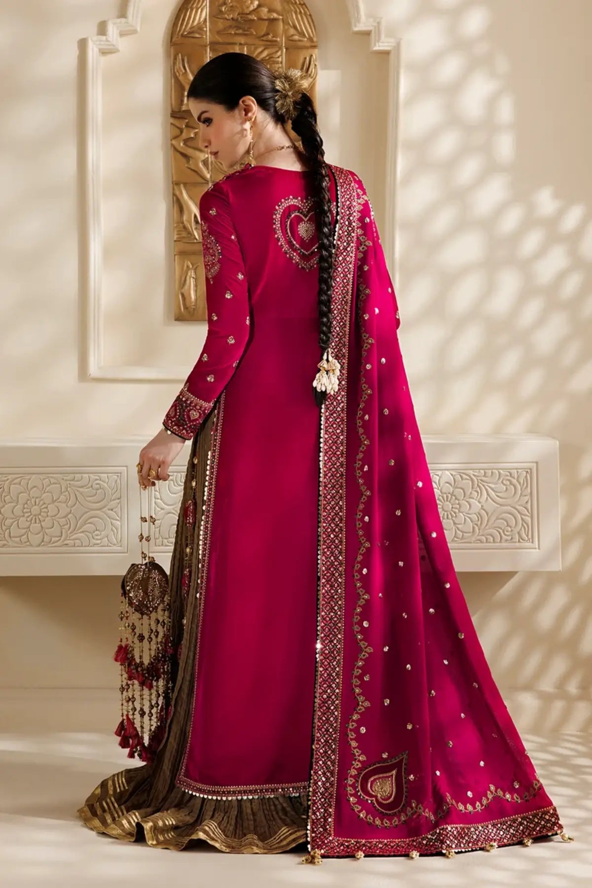 Jazmin CVF26-D06 magenta velvet stitched formal suit with crushed bottom, chiffon dupatta and embellished bag