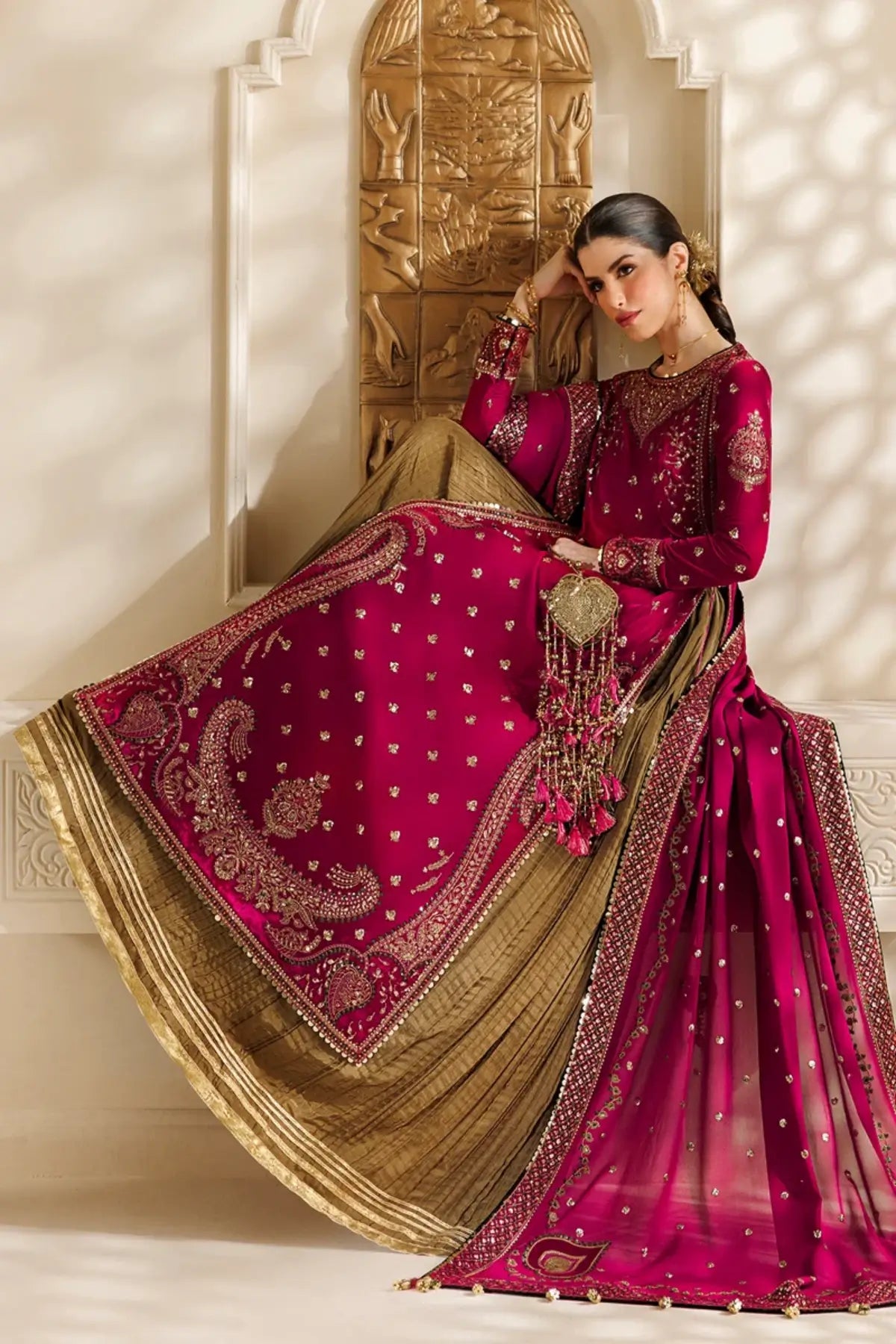 Jazmin CVF26-D06 magenta velvet stitched formal suit with crushed bottom, chiffon dupatta and embellished bag