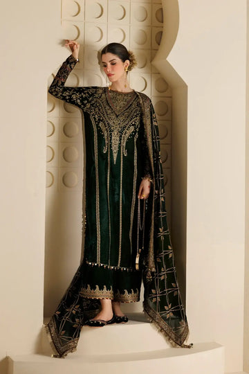 Jazmin CVF26-D07 dark green embroidered velvet stitched Eid suit with chiffon dupatta and matching clutch