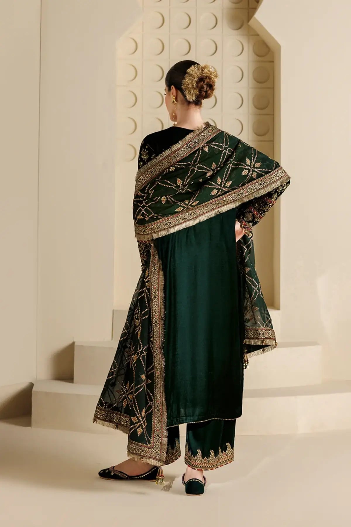 Jazmin CVF26-D07 dark green embroidered velvet stitched Eid suit with chiffon dupatta and matching clutch