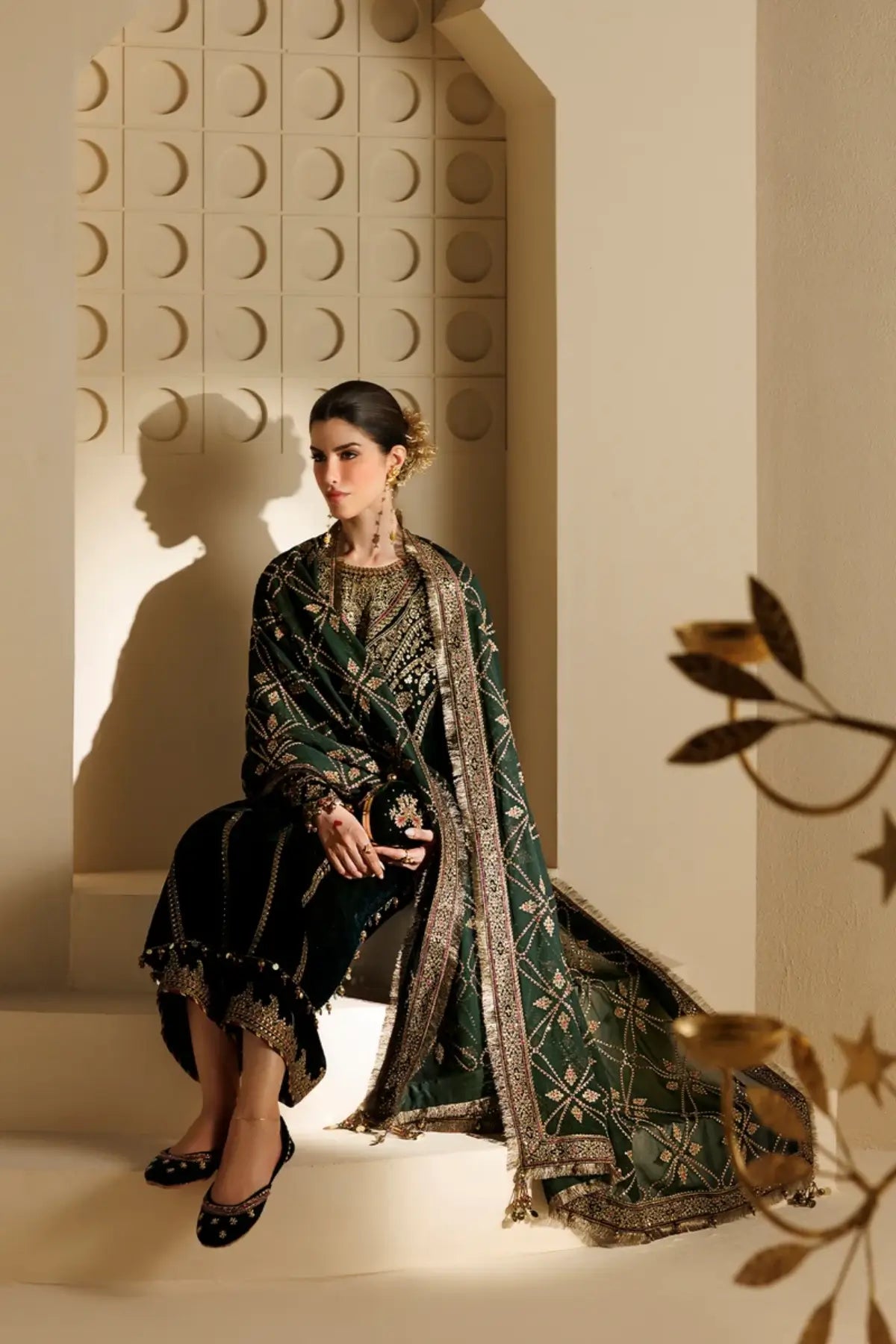 Jazmin CVF26-D07 dark green embroidered velvet stitched Eid suit with chiffon dupatta and matching clutch