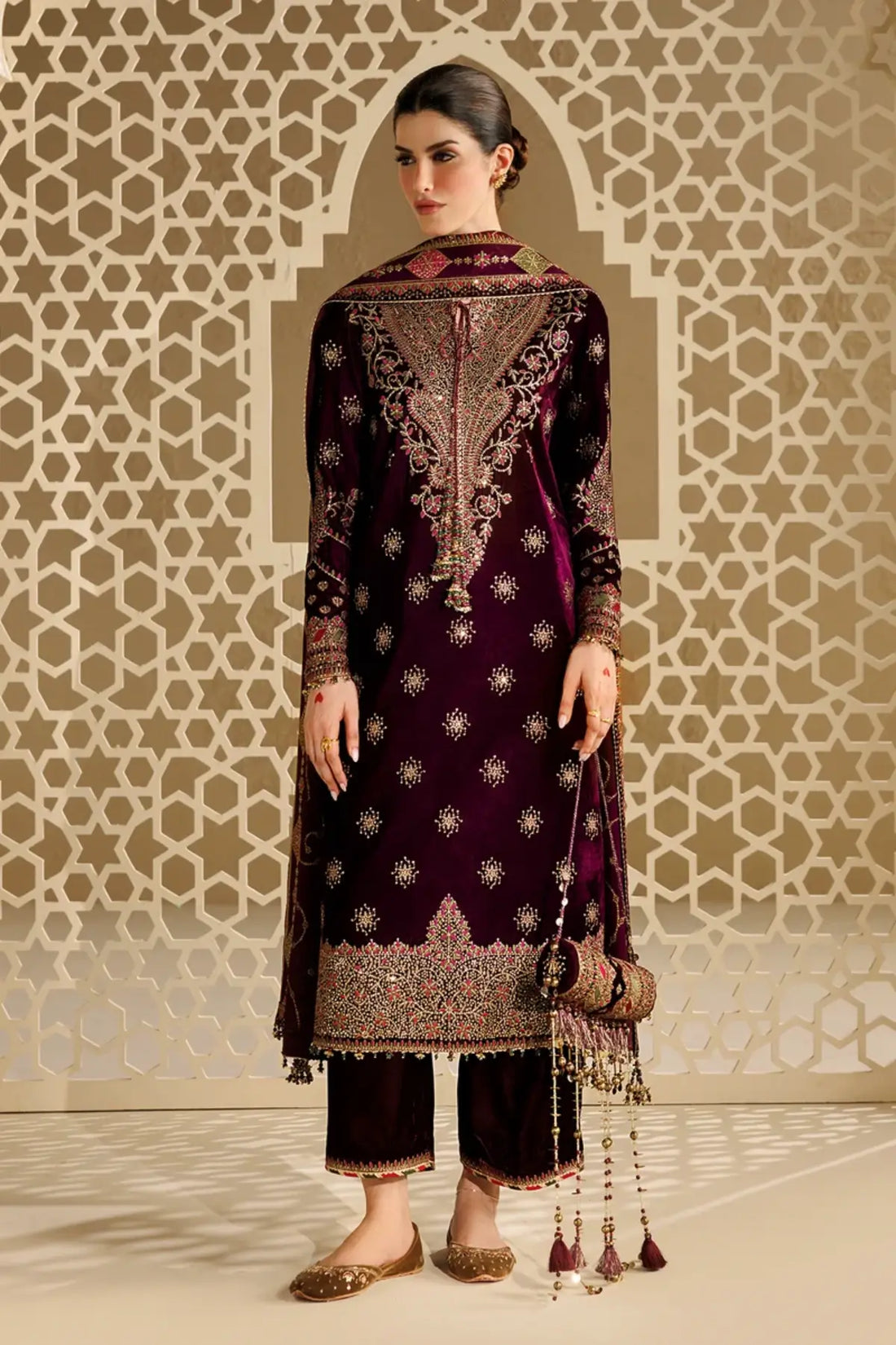 Jazmin CVF26-D08 plum velvet stitched wedding suit with chiffon dupatta and embellished bag