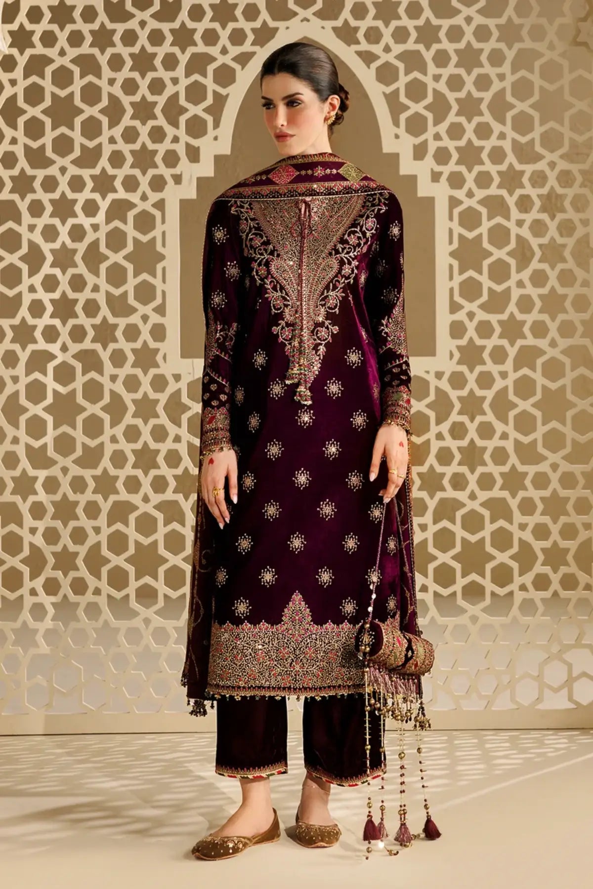 Jazmin CVF26-D08 plum velvet stitched wedding suit with chiffon dupatta and embellished bag