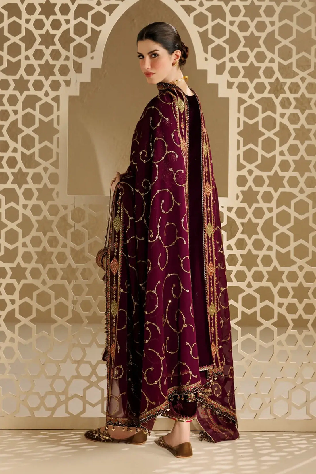 Jazmin CVF26-D08 plum velvet stitched wedding suit with chiffon dupatta and embellished bag