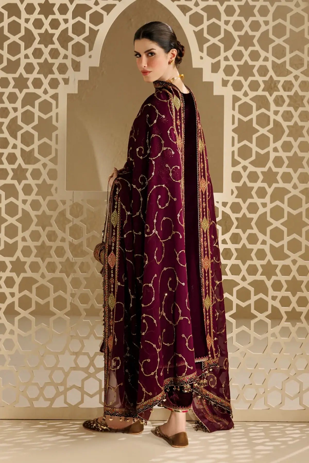 Jazmin CVF26-D08 plum velvet stitched wedding suit with chiffon dupatta and embellished bag