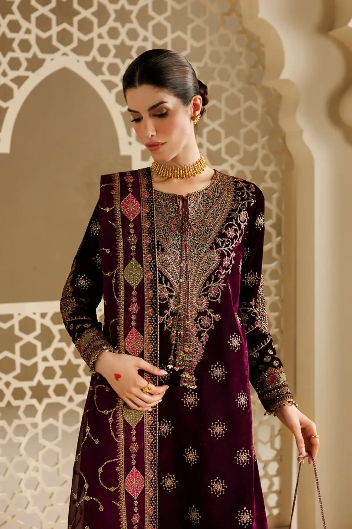 Jazmin CVF26-D08 plum velvet stitched wedding suit with chiffon dupatta and embellished bag