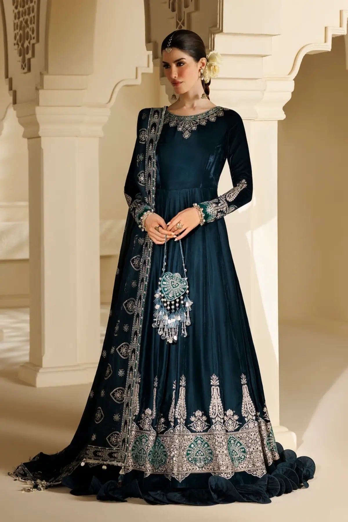 Jazmin CVF26-D09 teal velvet stitched Peshwas with silk dupatta, crushed bottom and embellished bag