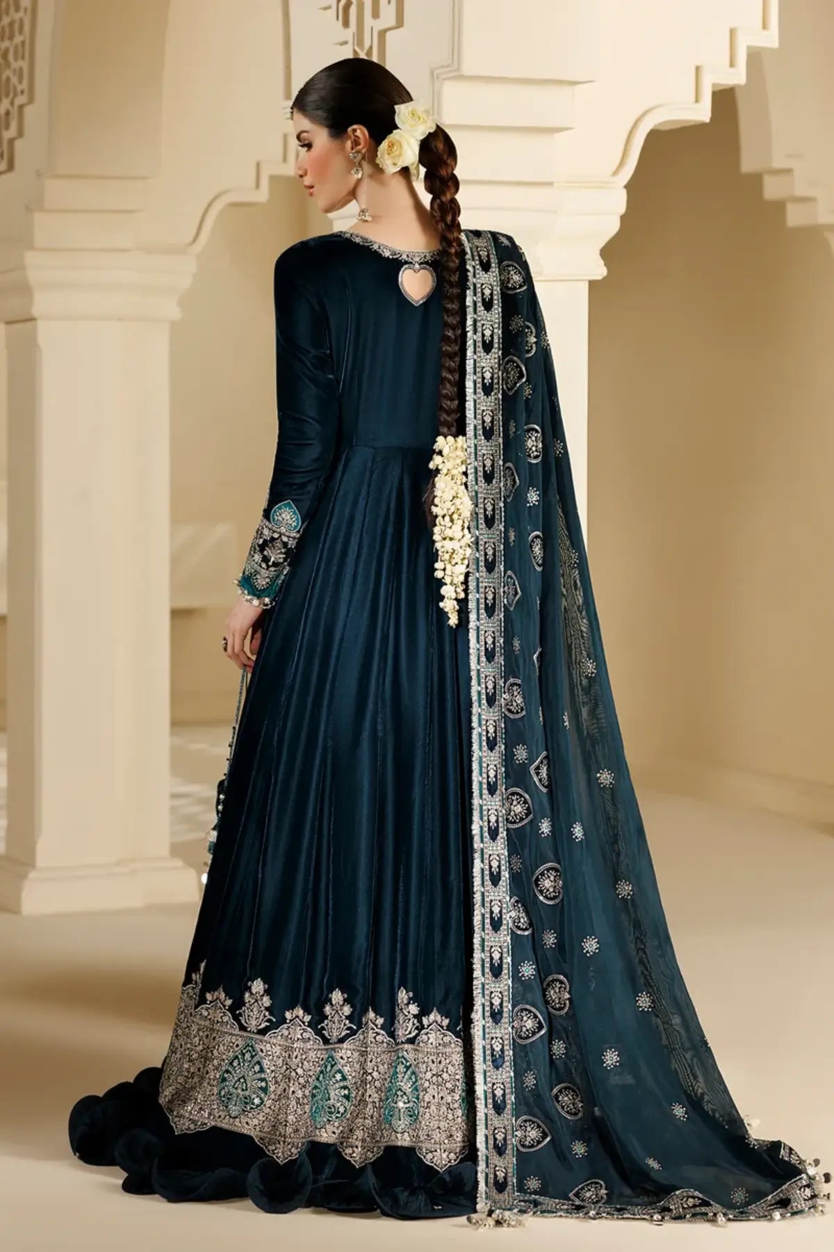 Jazmin CVF26-D09 teal velvet stitched Peshwas with silk dupatta, crushed bottom and embellished bag