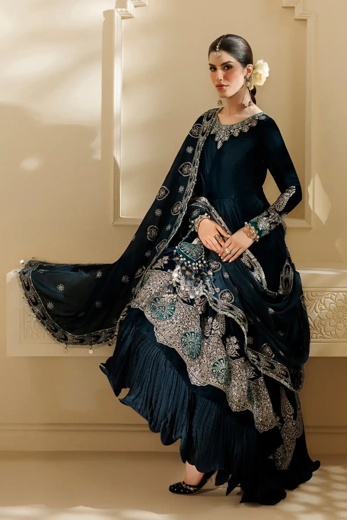 Jazmin CVF26-D09 teal velvet stitched Peshwas with silk dupatta, crushed bottom and embellished bag