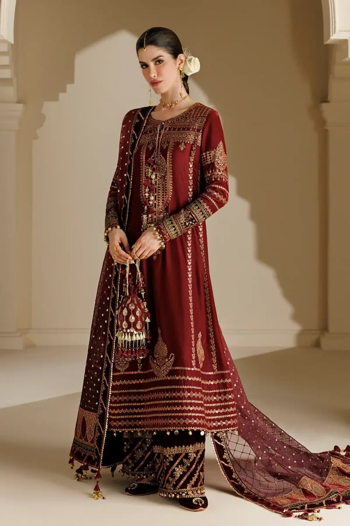 Jazmin CVF26-D10 maroon embroidered velvet stitched formal suit with chiffon organza dupatta