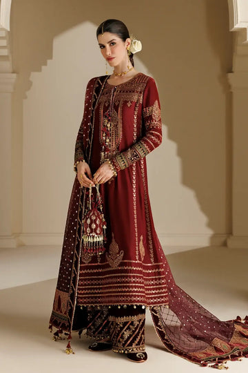 Jazmin CVF26-D10 maroon embroidered velvet stitched formal suit with chiffon organza dupatta