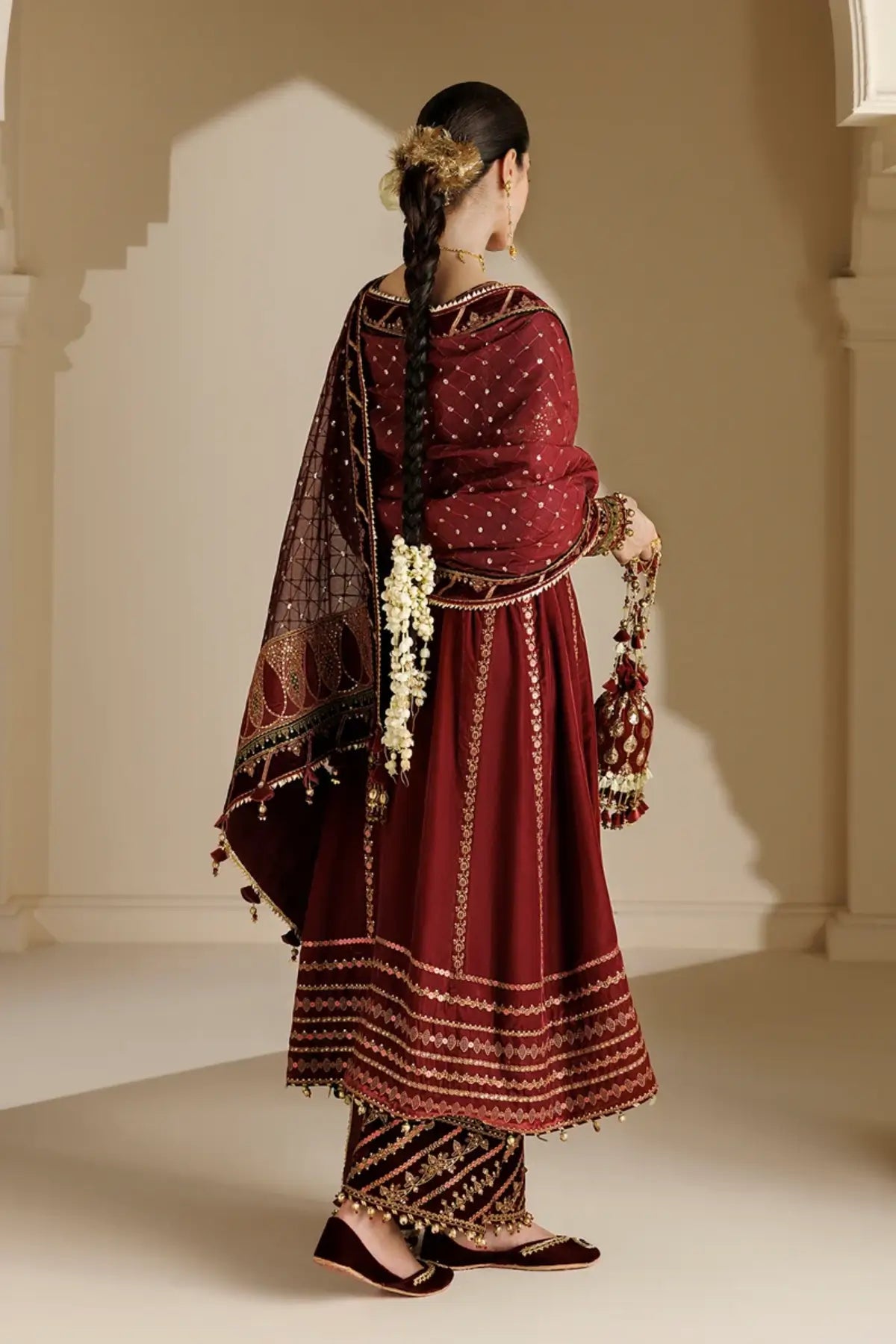 Jazmin CVF26-D10 maroon embroidered velvet stitched formal suit with chiffon organza dupatta